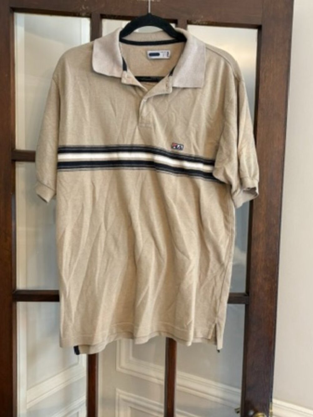 Fila Vintage Tan Polo with Black and White Stripe, Size Medium